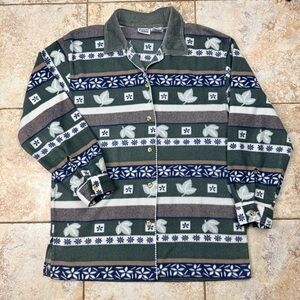 Cute Vintage Sage Green & Blue Fleece Button-up Sz Medium